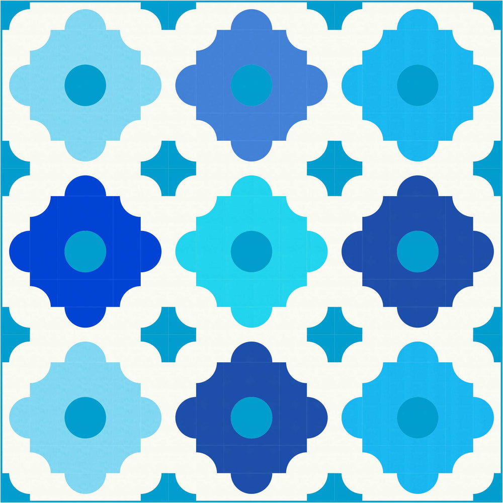 A blue and white pattern with different shapes.