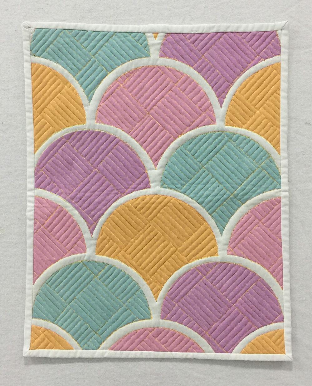 A close up of the colorful pattern on a quilt