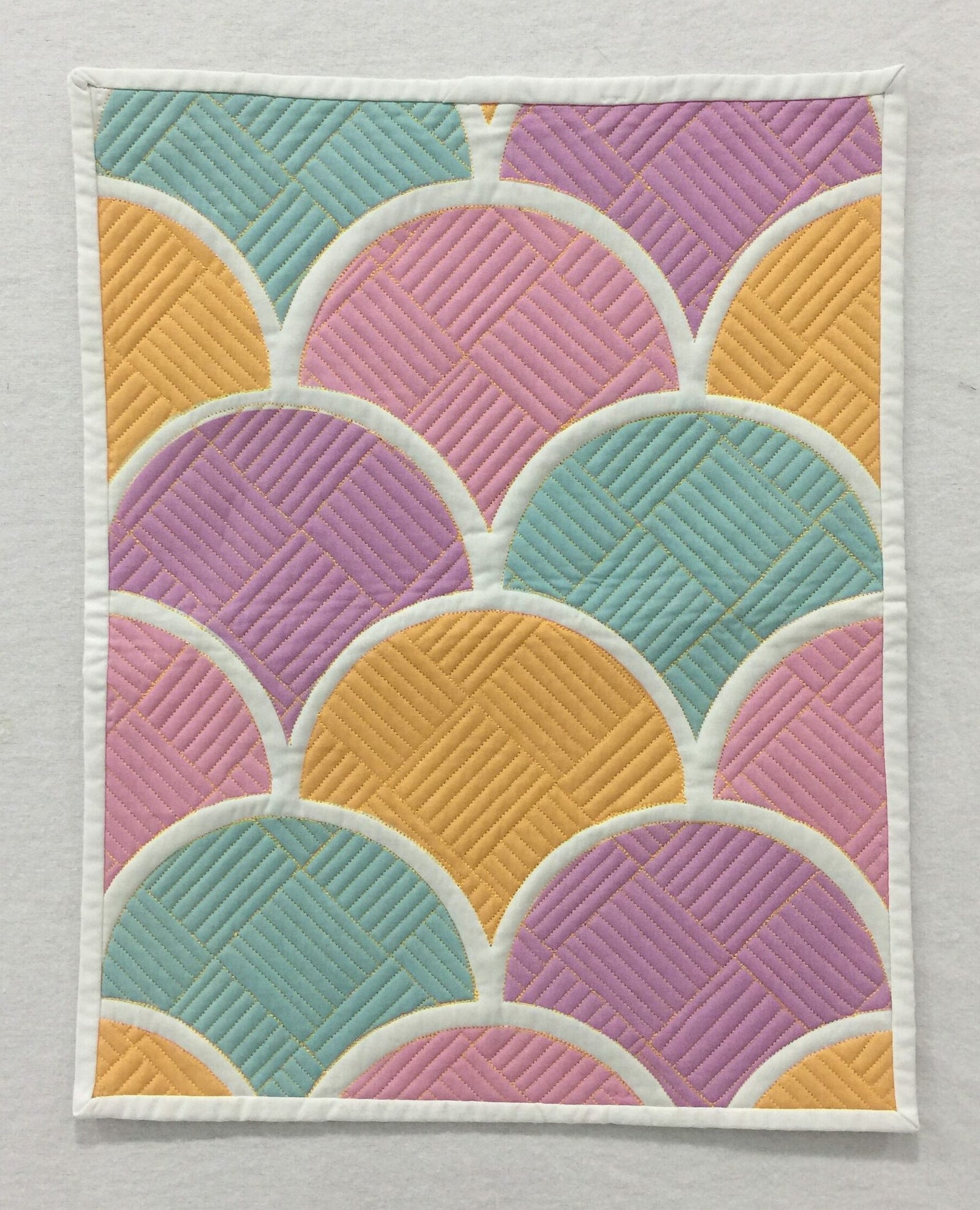 A close up of the colorful pattern on a quilt