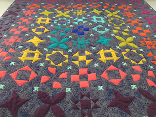 Colorful geometric star and flower patchwork quilt
