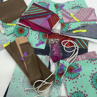 Turquoise patterned fabric and sewing supplies