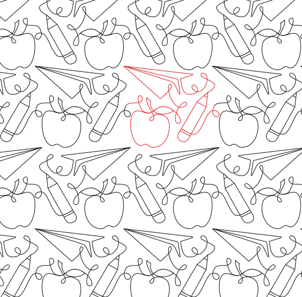 Pattern of outlined fruits including cherries, apples, and pears with one red cherry cluster.