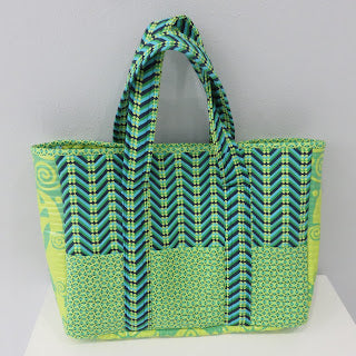 Green and blue patterned tote bag