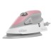 A pink and gray iron sitting on top of a table.