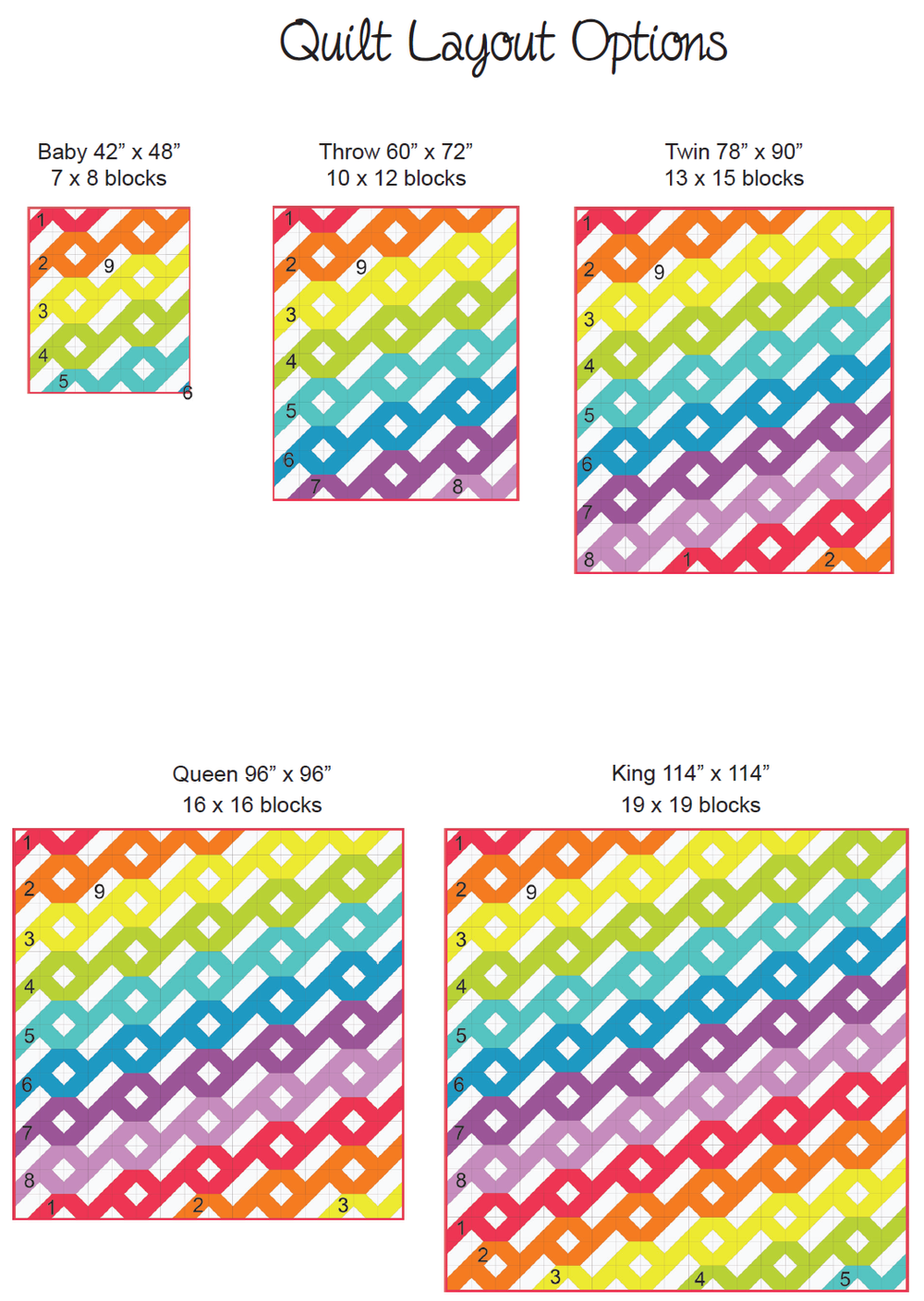 A picture of different sizes and colors of the same pattern.