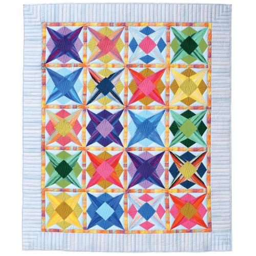 A quilt with different colored squares and stars.