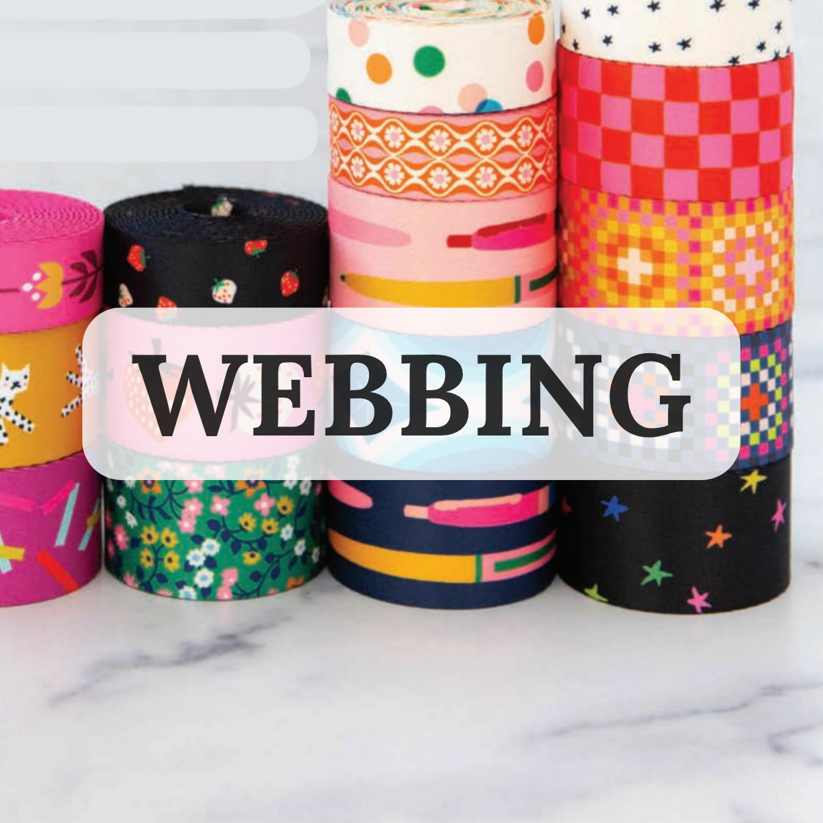 Graphic of brightly colored webbing with text that says webbing