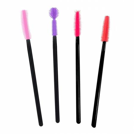 A group of four different colored mascara brushes.