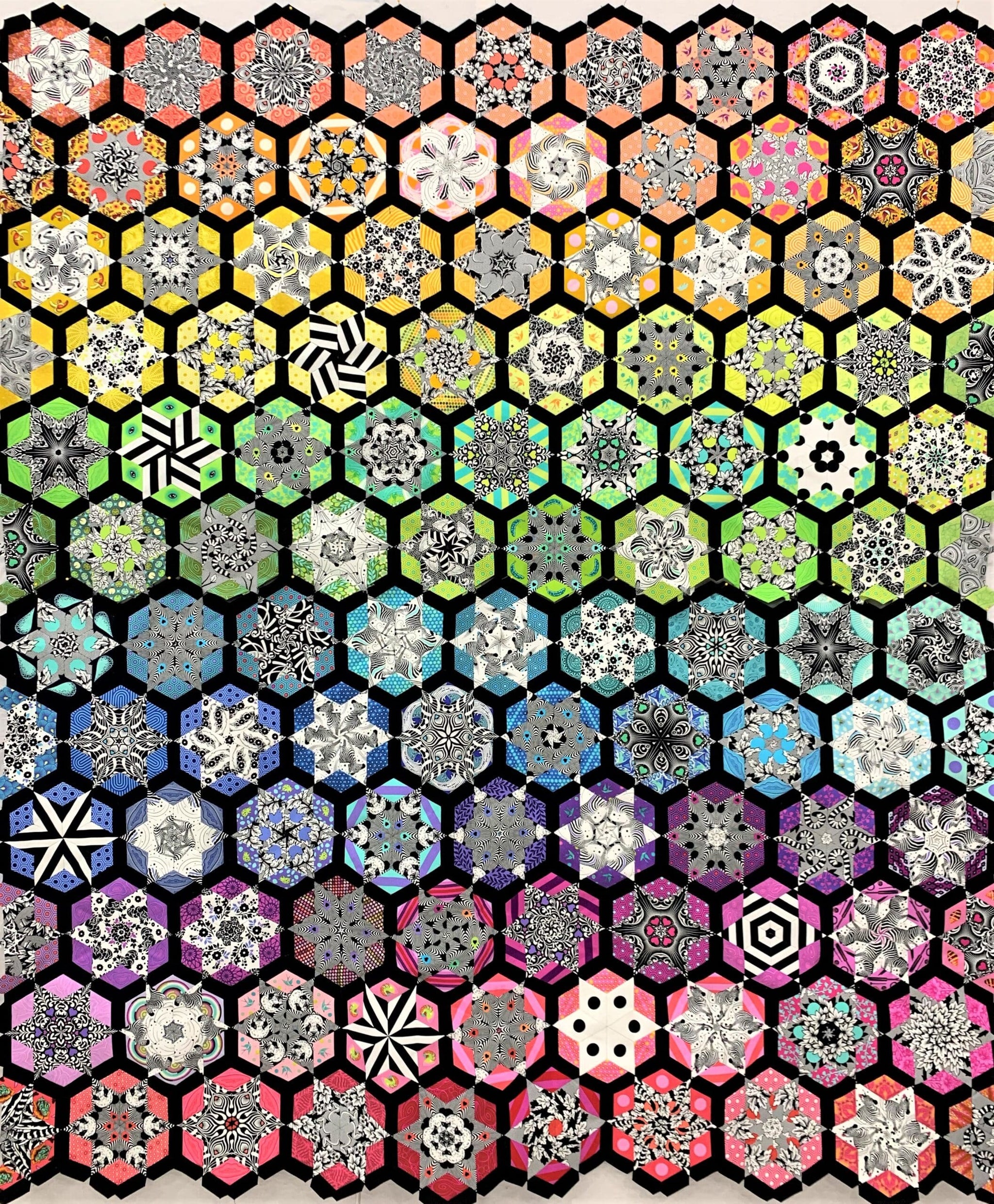A colorful pattern of hexagons in different colors.