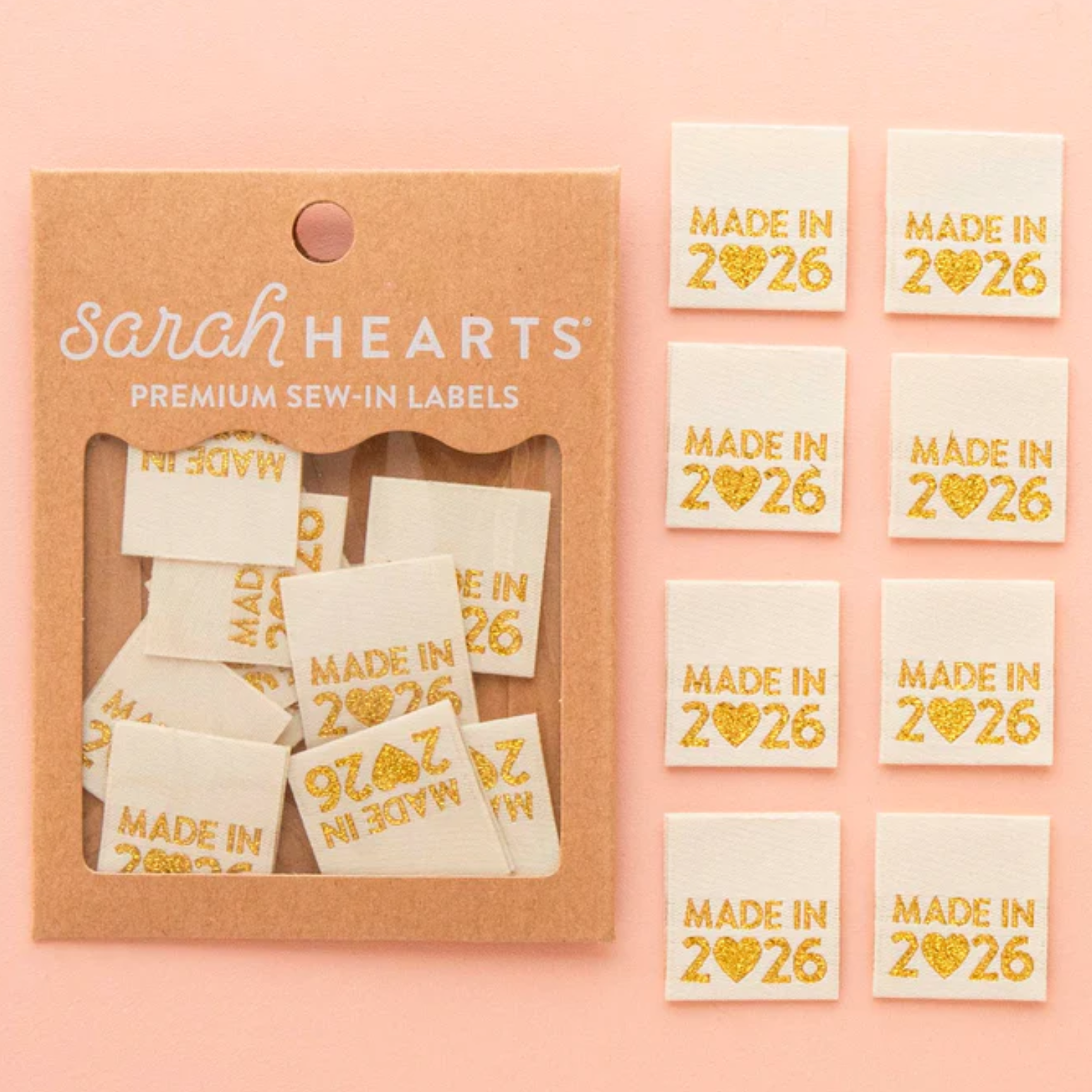 Small square labels reading 'MADE IN 2^26' on a peach background.