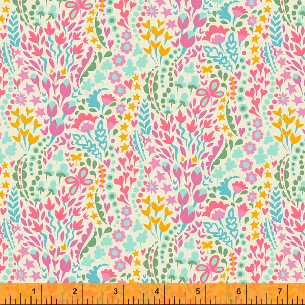 A colorful pattern of flowers and leaves.
