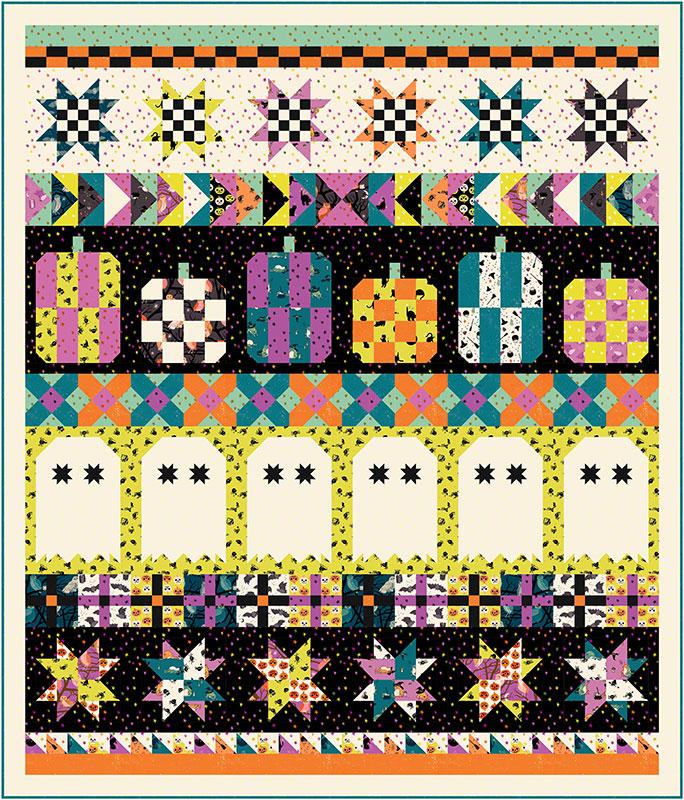Halloween themed patchwork quilt with pumpkins and stars