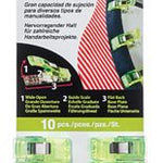 A package of green plastic clips for hanging clothes.