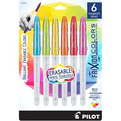 A package of six pens with erasable writing markers.