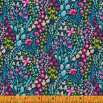 A colorful floral pattern on fabric with blue background.