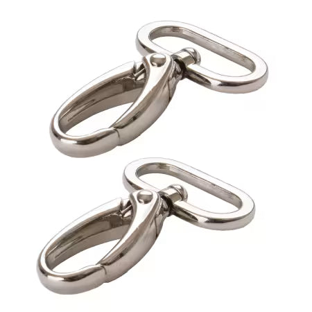 Two silver swivel snap hooks with rectangular loops.