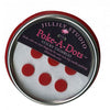 A tin of red polka dots with the lid open.