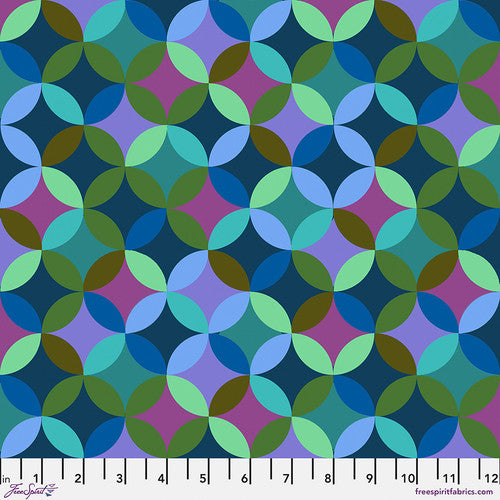 A pattern of circles in different colors on a blue background.