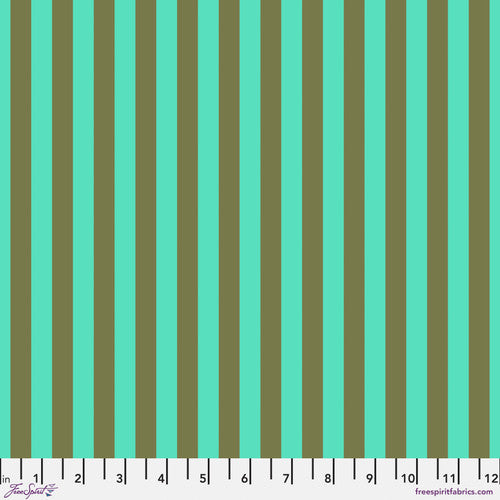 A green and brown striped fabric background.