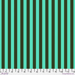 A green and black striped fabric background.