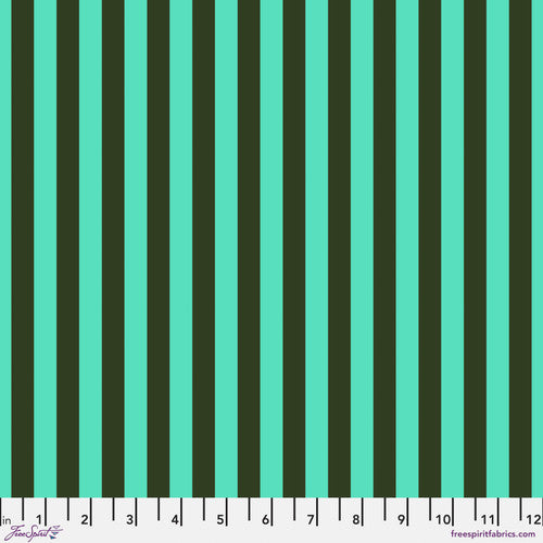 A green and black striped fabric background.