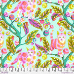 A pattern of cats and leaves on a light blue background.