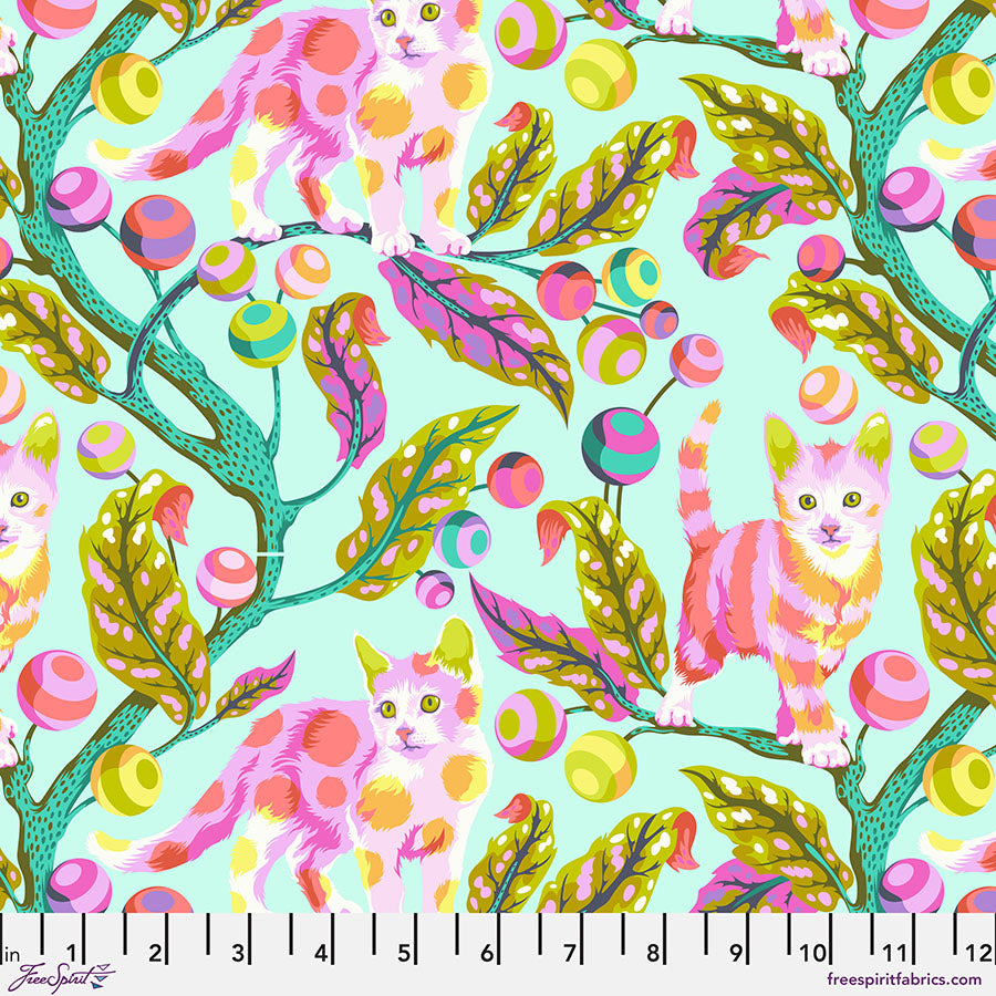 A pattern of cats and leaves on a light blue background.