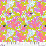A pattern of pink and green leaves on a yellow background.