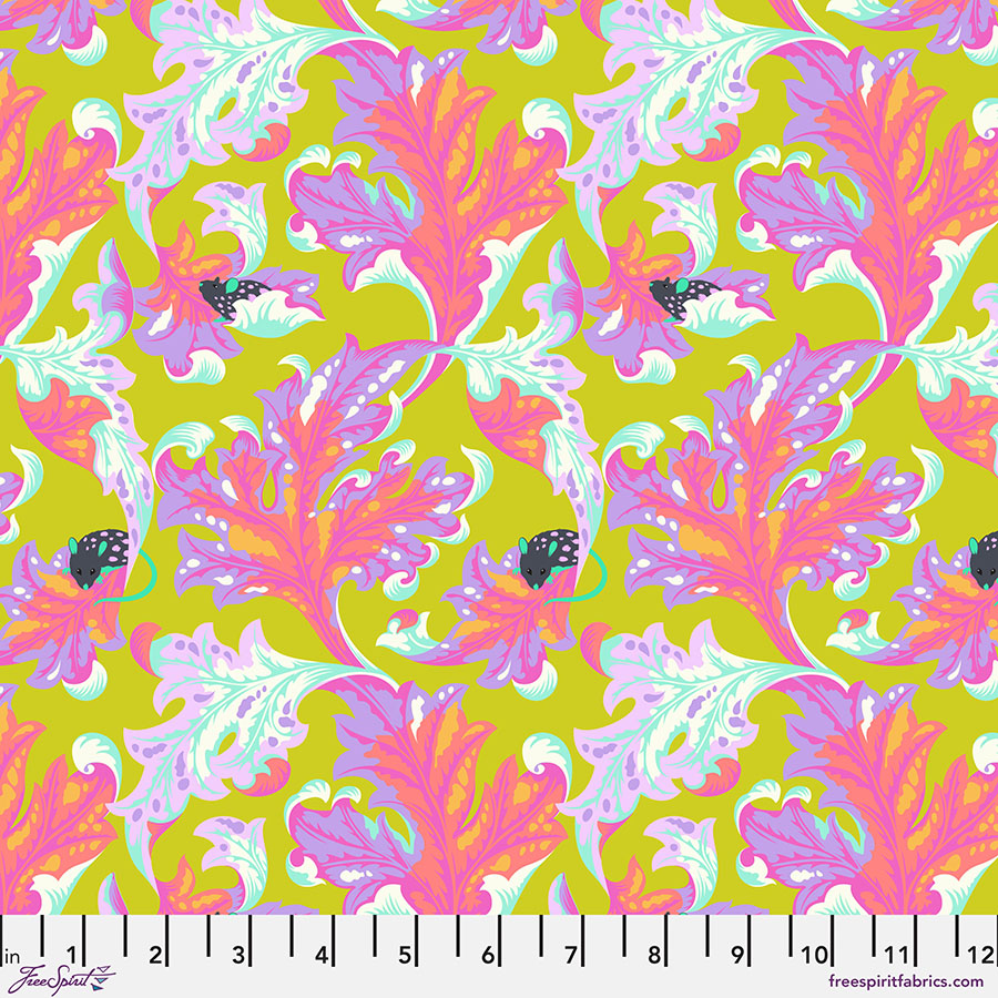 A pattern of pink and green leaves on a yellow background.