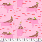 A pink background with cats and birds on it.