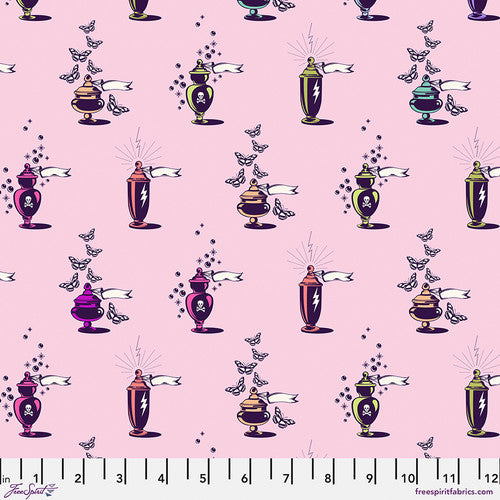 A pink background with many different vases of various shapes and sizes.