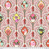 A pink and red pattern with different colored flowers.