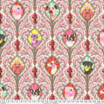 A pink and red pattern with different colored flowers.