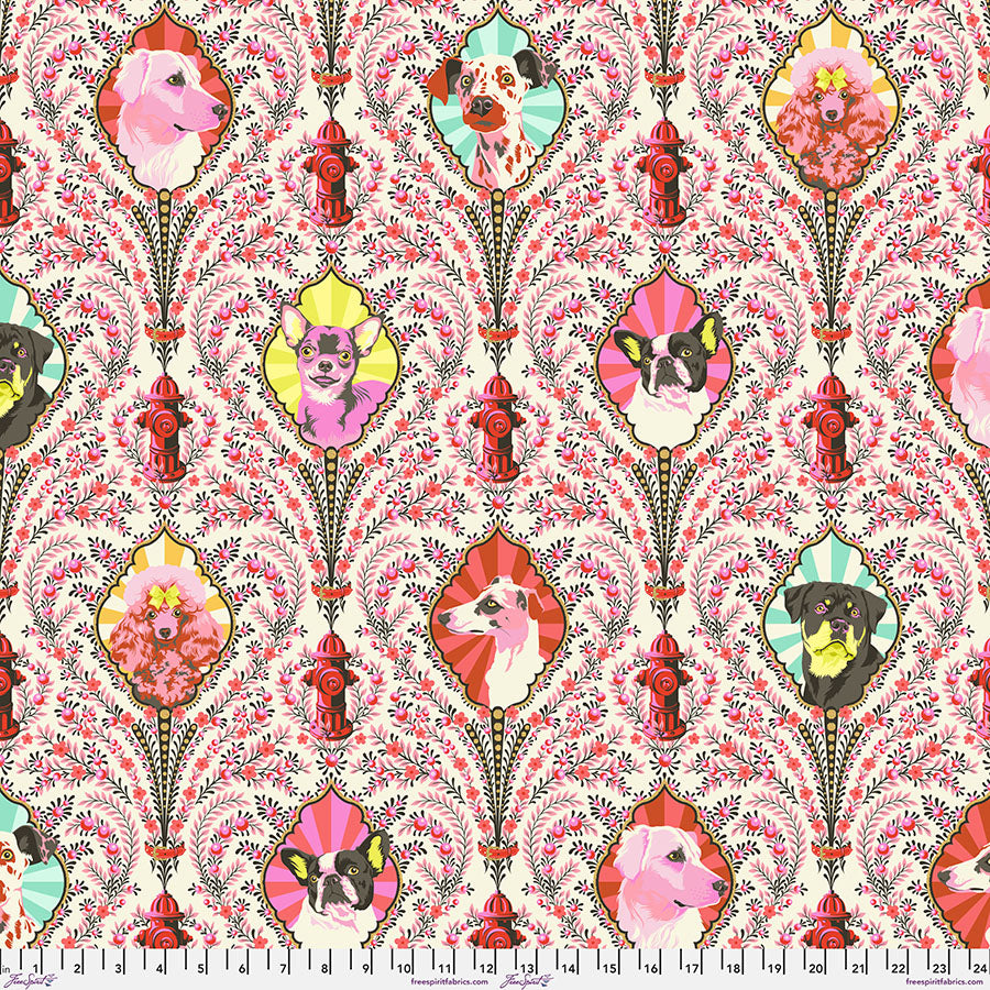 A pink and red pattern with different colored flowers.