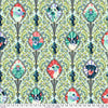 A pattern of flowers and leaves on a green background.