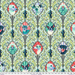 A pattern of flowers and leaves on a green background.