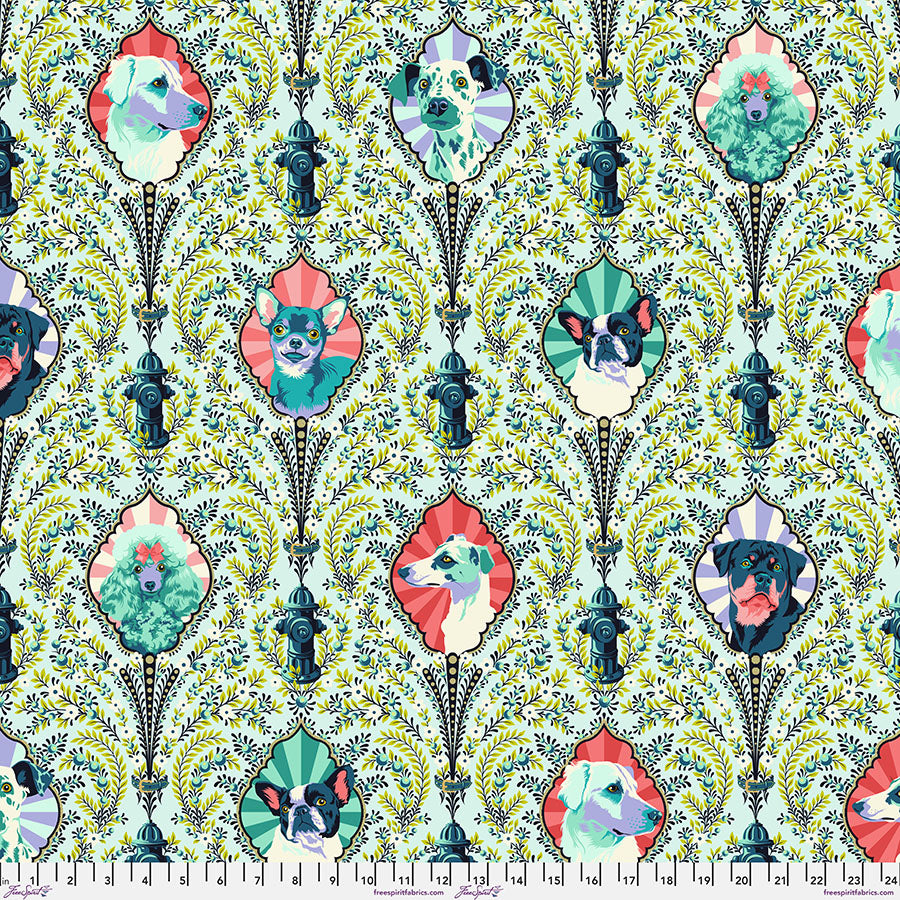 A pattern of flowers and leaves on a green background.
