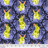 A pattern of rabbits and flowers on a dark background.