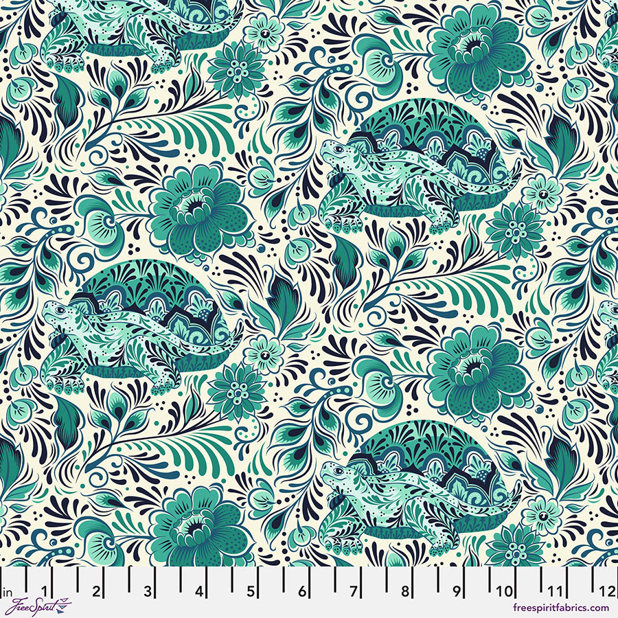 A floral pattern with blue flowers and leaves.