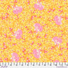 A yellow and pink floral pattern on fabric.