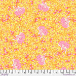 A yellow and pink floral pattern on fabric.