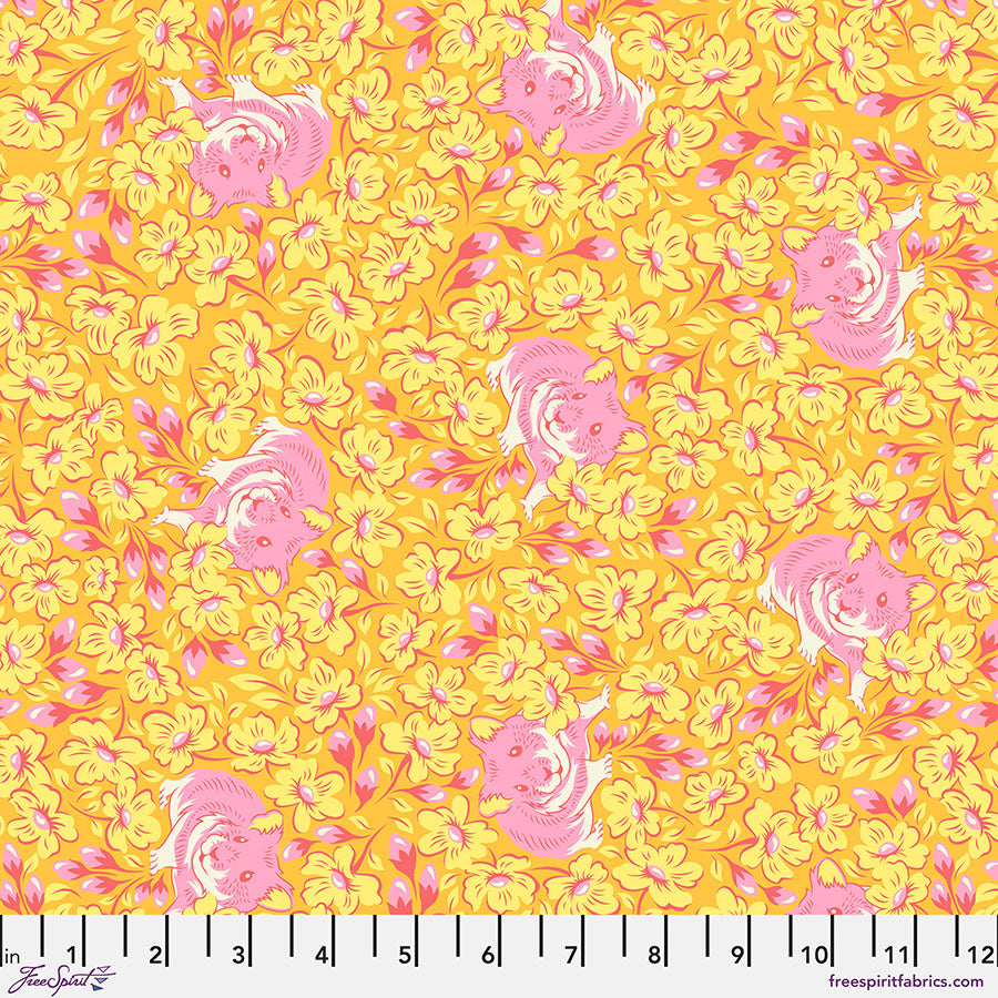 A yellow and pink floral pattern on fabric.