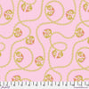 A pink background with gold chains and flowers.