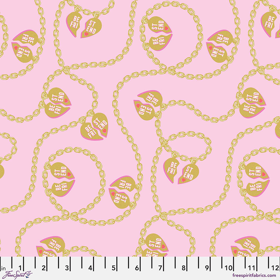 A pink background with gold chains and flowers.