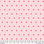 A pink and white pattern with red flowers.