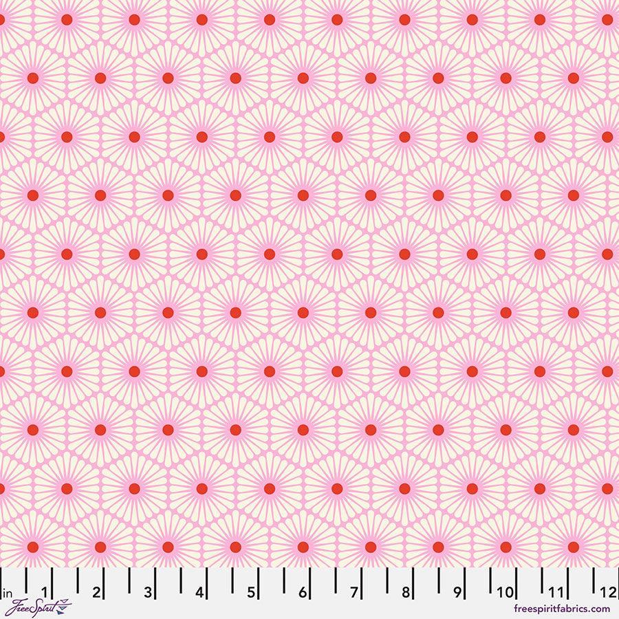 A pink and white pattern with red flowers.