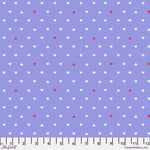 A purple background with white and red polka dots.