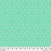 A green background with white and pink polka dots.
