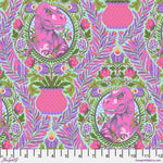 A pattern of pink and green flowers with a dragon.