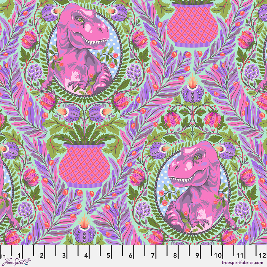 A pattern of pink and green flowers with a dragon.